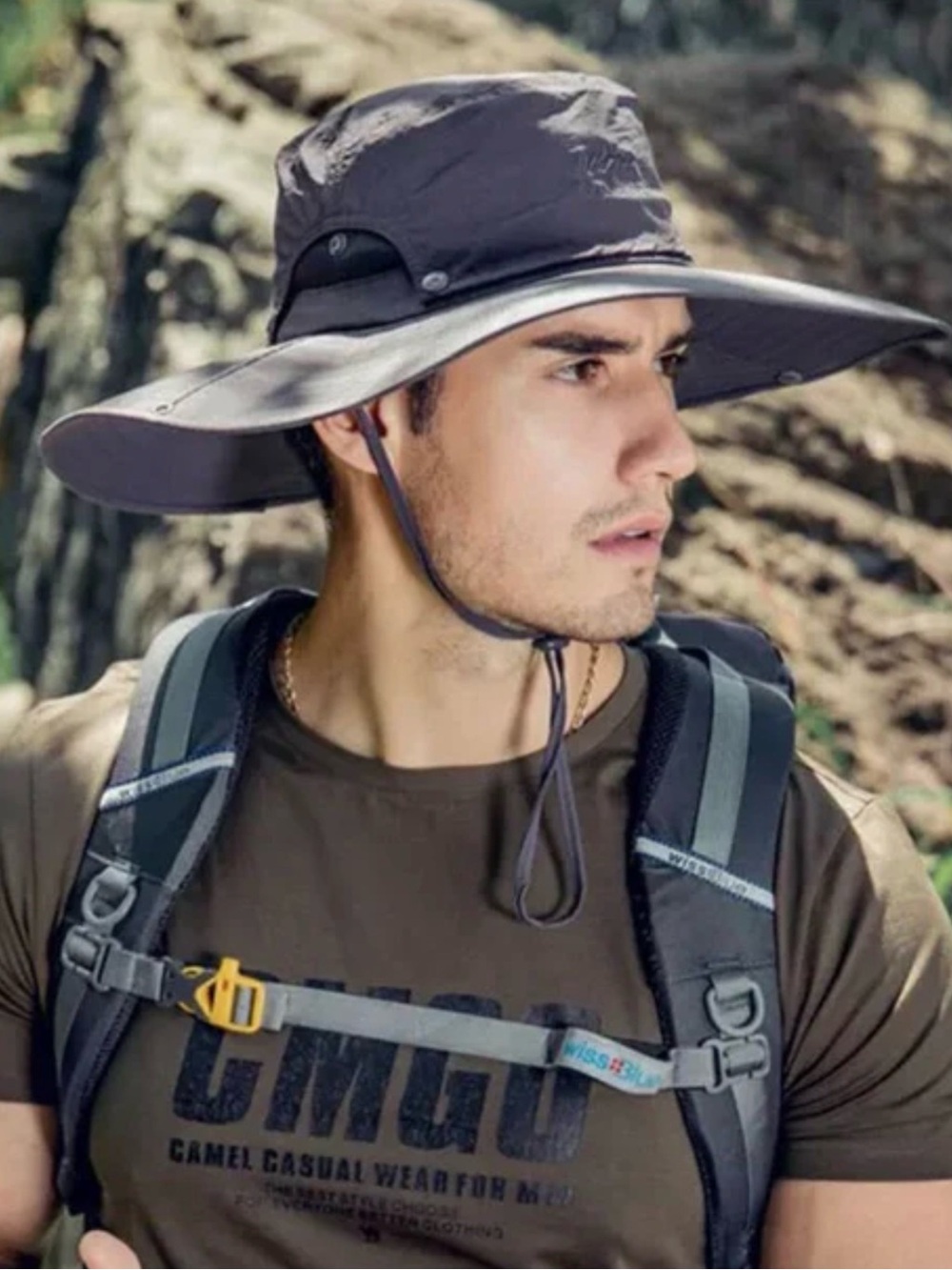 Men's Wide-Brim Outdoor Waterproof Nylon in Black. with Chin Strap